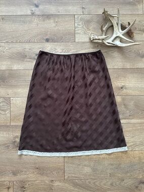 Vintage Far West Brown Slip Skirt Lace Trim Large Satin Midi